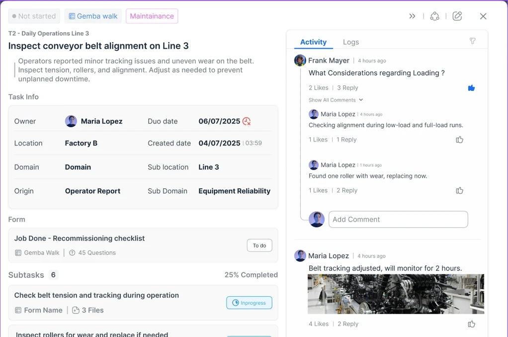 EmpowerOps task detail screen with task information and an activity discussion feed