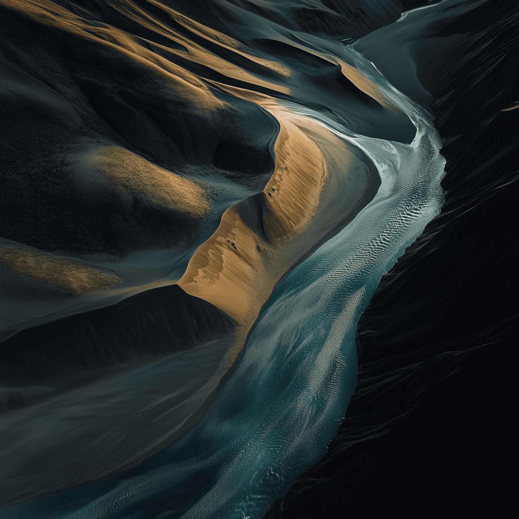 Aerial view of the intricate patterns and colors in Iceland's glacial river landscape, blue-green water flow lines on golden sand dunes, natural lighting, wide-angle lens