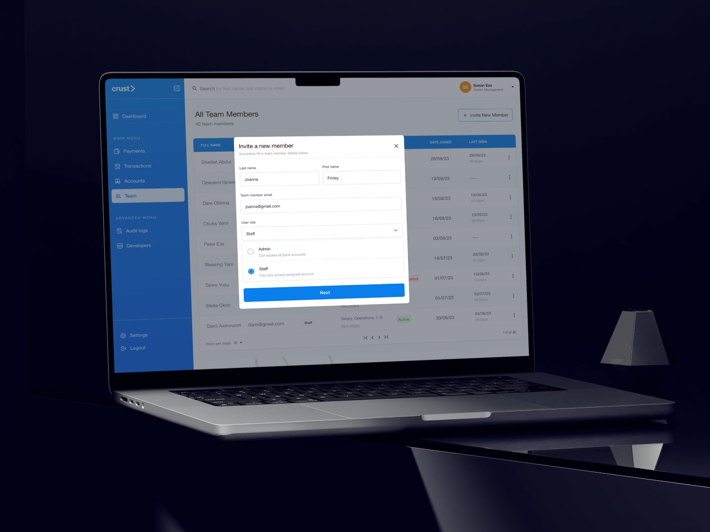 Crust Corporate Assign Account Permissions — Role Selection