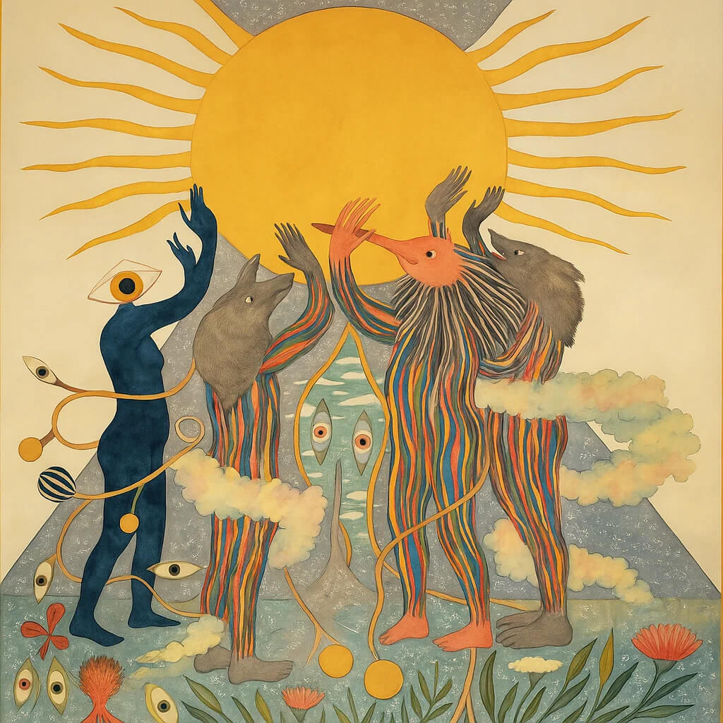 Illustration representing GUFR’s strategic sessions — two human figures reaching toward the sun as a metaphor for clarity, alignment and shared vision.