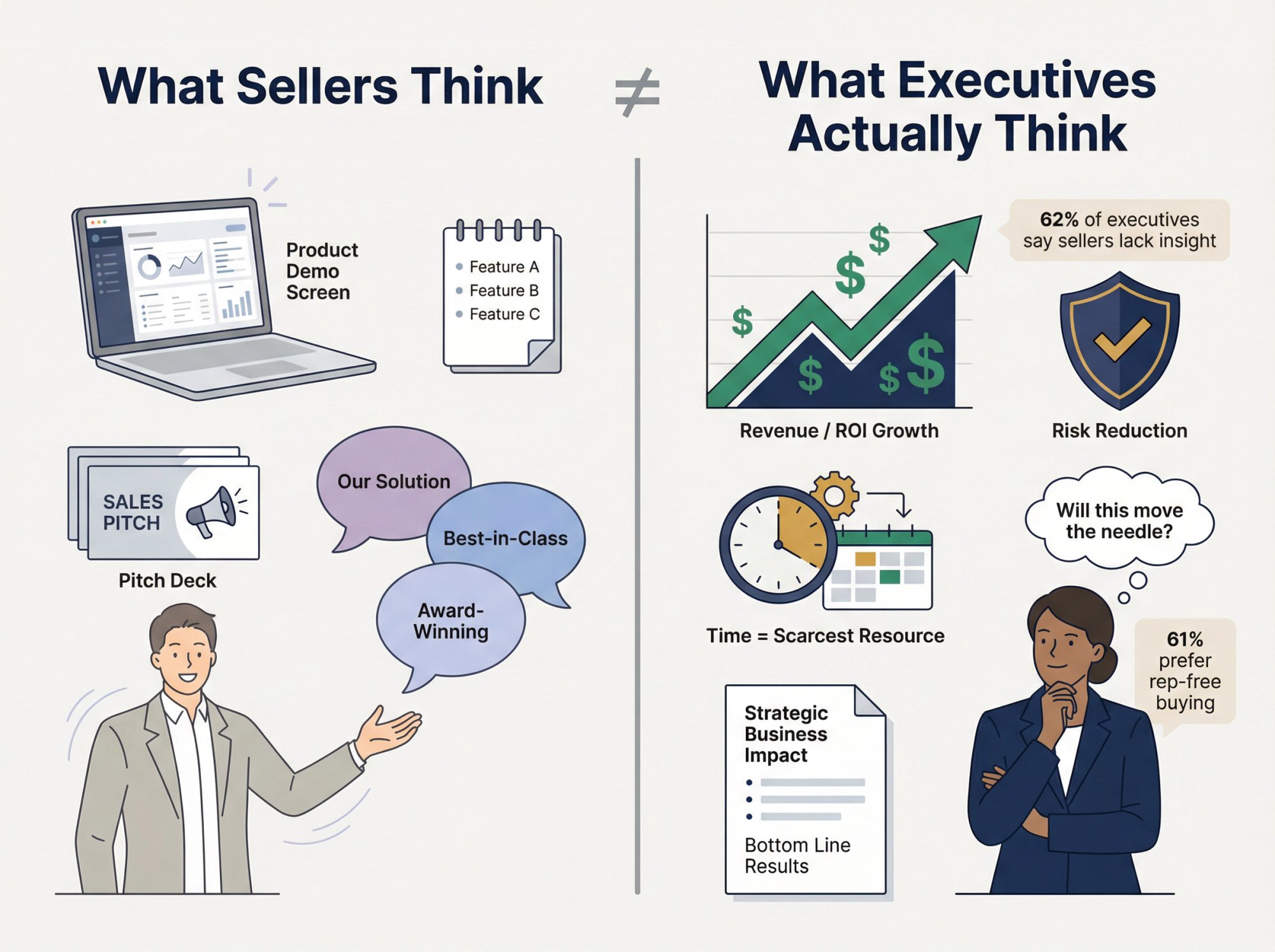 Split-screen illustration contrasting what sellers think executives care about versus what they actually prioritize when evaluating meetings