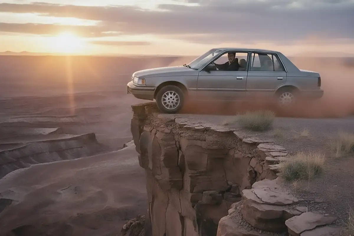 Photo of a car having just skidded to a half at the edge of a cliff