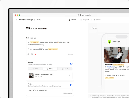 Bird interface for creating rich message templates designed for marketing, support, updates, and authentication.