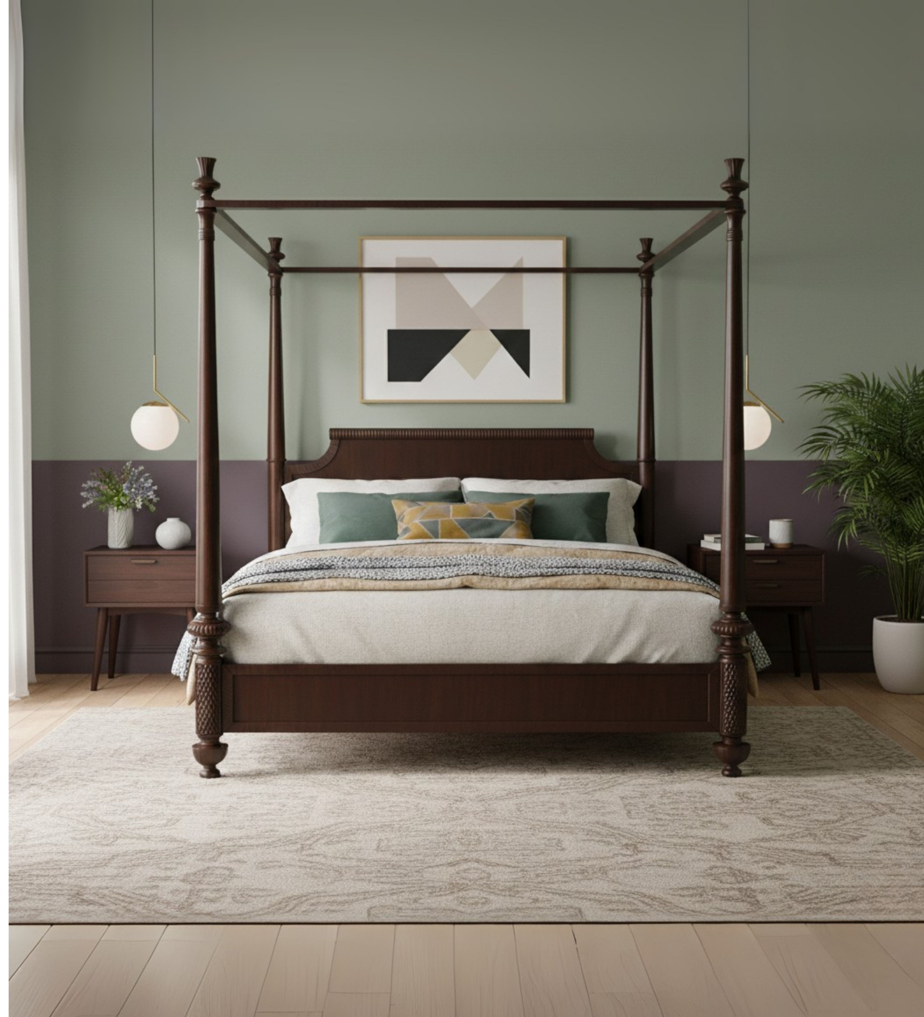 Four‑poster bed with rectangular frame and balanced post spacing