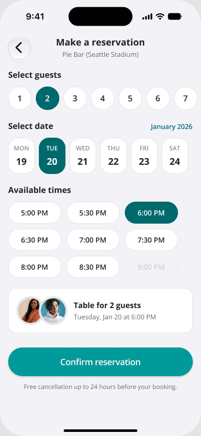 A reservation screen configured by our COO with the Light version: two guests, Tuesday 20 January 2026, a 6:00 PM slot selected, and a greyed-out 9:00 PM slot.