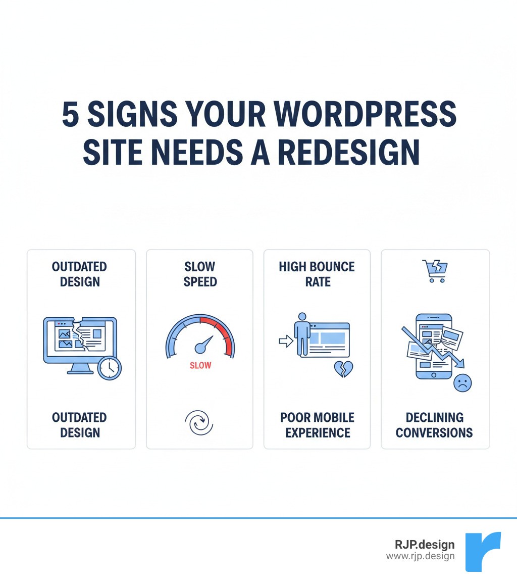 infographic showing the top 5 signs your WordPress site needs a redesign: outdated design with old visuals and fonts, slow loading speed indicated by a speedometer in the red zone, high bounce rate shown with visitors leaving quickly, poor mobile experience with broken layout on phone screen, and declining conversions illustrated by a downward trending graph - WordPress website redesign services infographic 