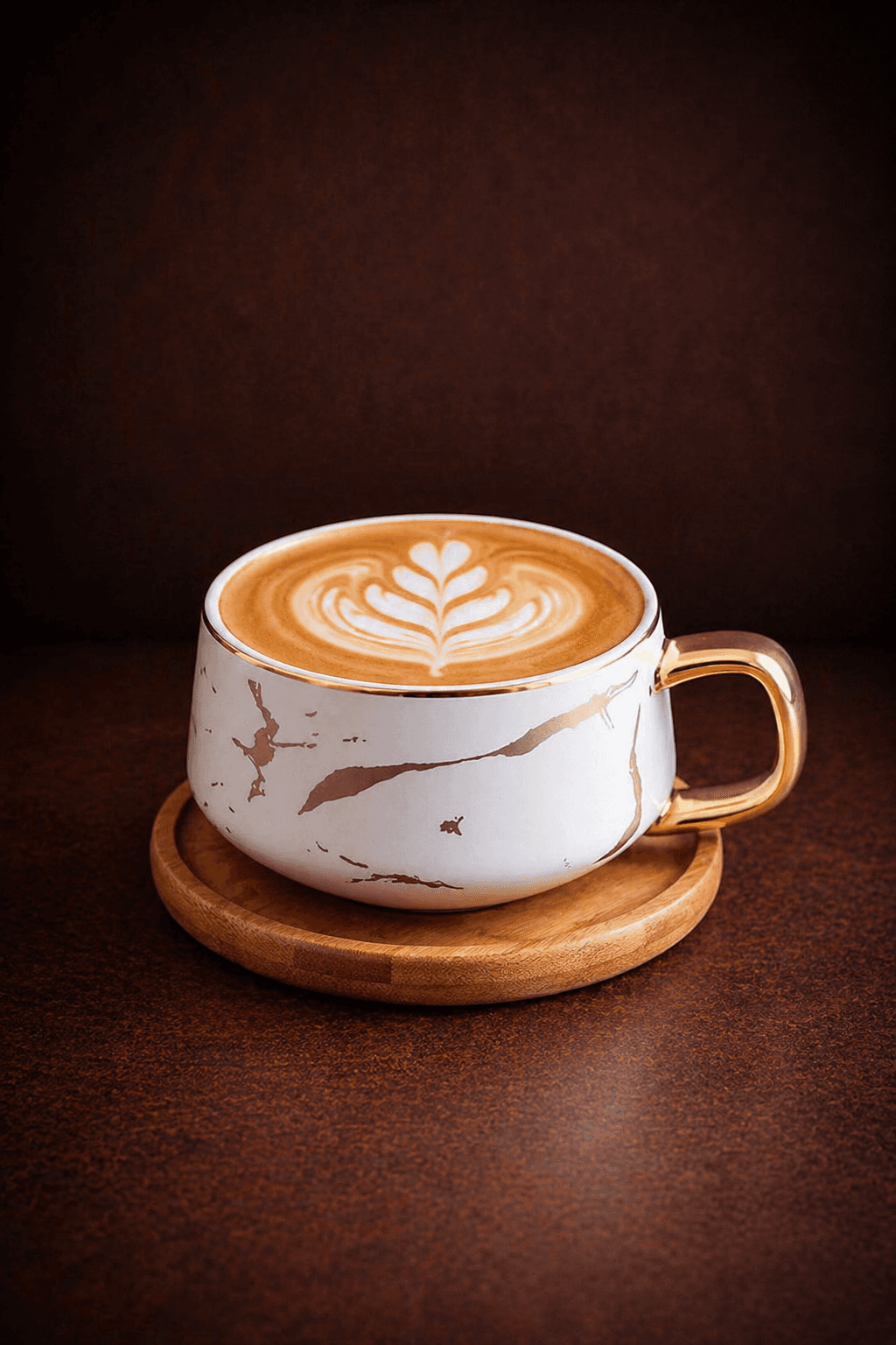 Italian Caffellatte with latte art in a marble-and-gold cup at Café Sherpa's, a coffee shop in Brookfield, WI. Smooth double-shot dark roast espresso with steamed milk.