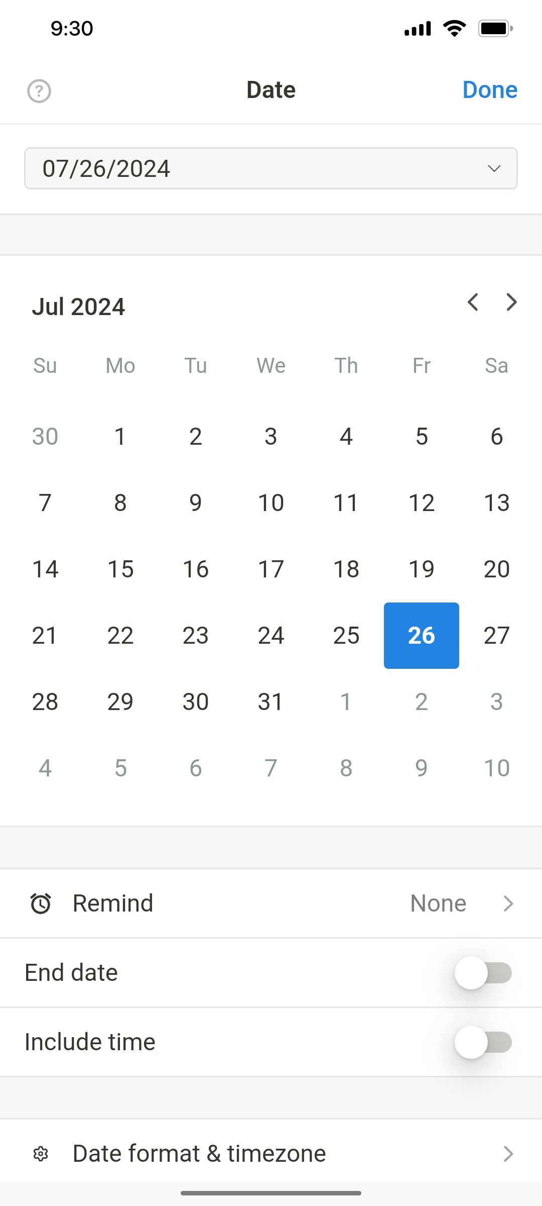 Notion App Date Screen