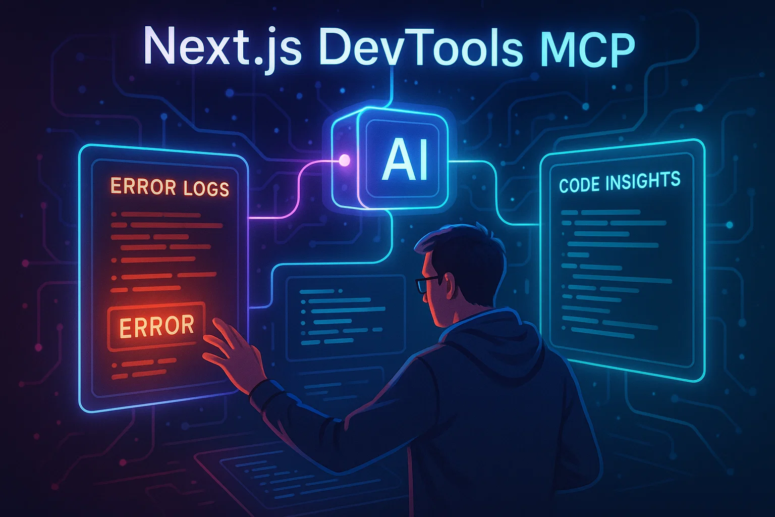 Illustration of Next.js DevTools MCP using AI for debugging error logs and providing intelligent code insights