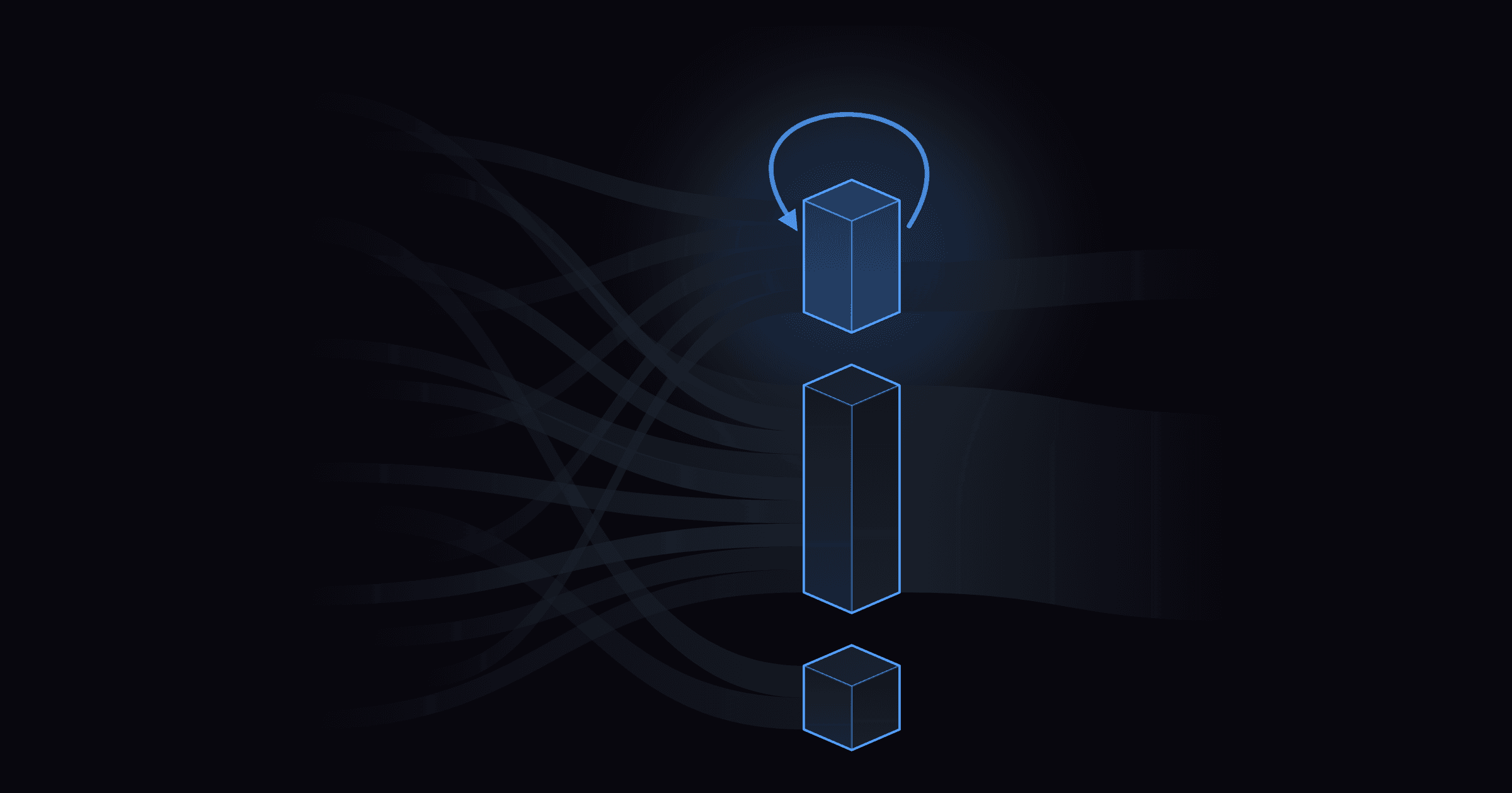 Thin lines, one per agent run, cross and sort into three blocks. The top block is lit and has a loop arrow over it.