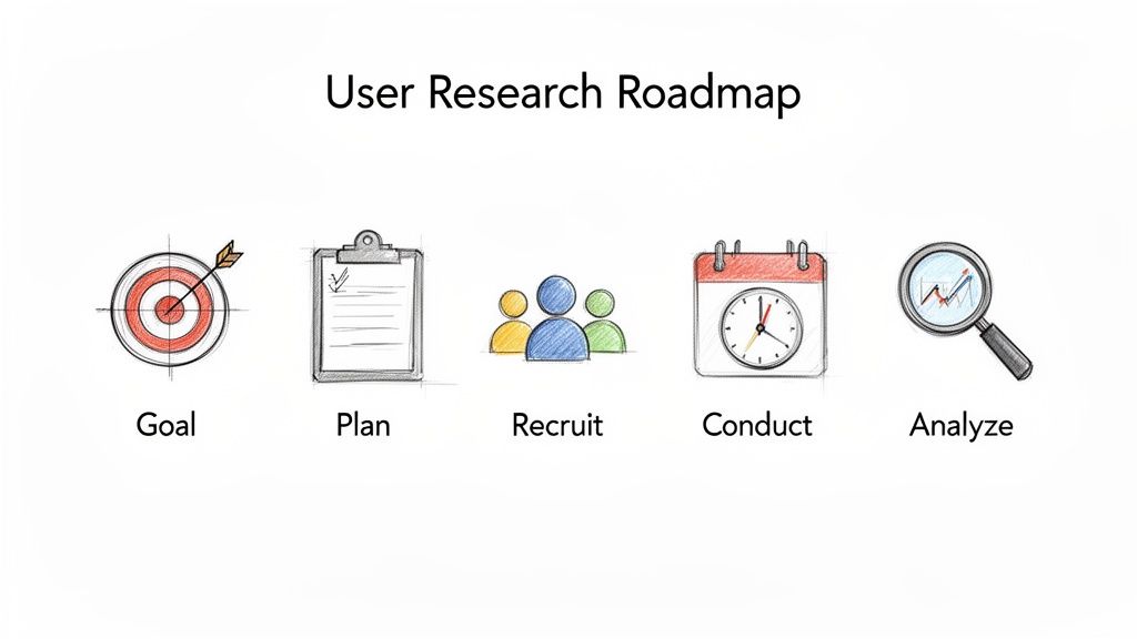 A user research roadmap showing five steps: Goal, Plan, Recruit, Conduct, and Analyze, with corresponding icons.