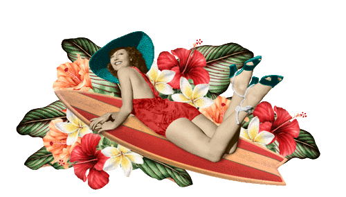 Mujer en traje de baño vintage con sombrero azul sobre tabla de surf, rodeada de flores tropicales.