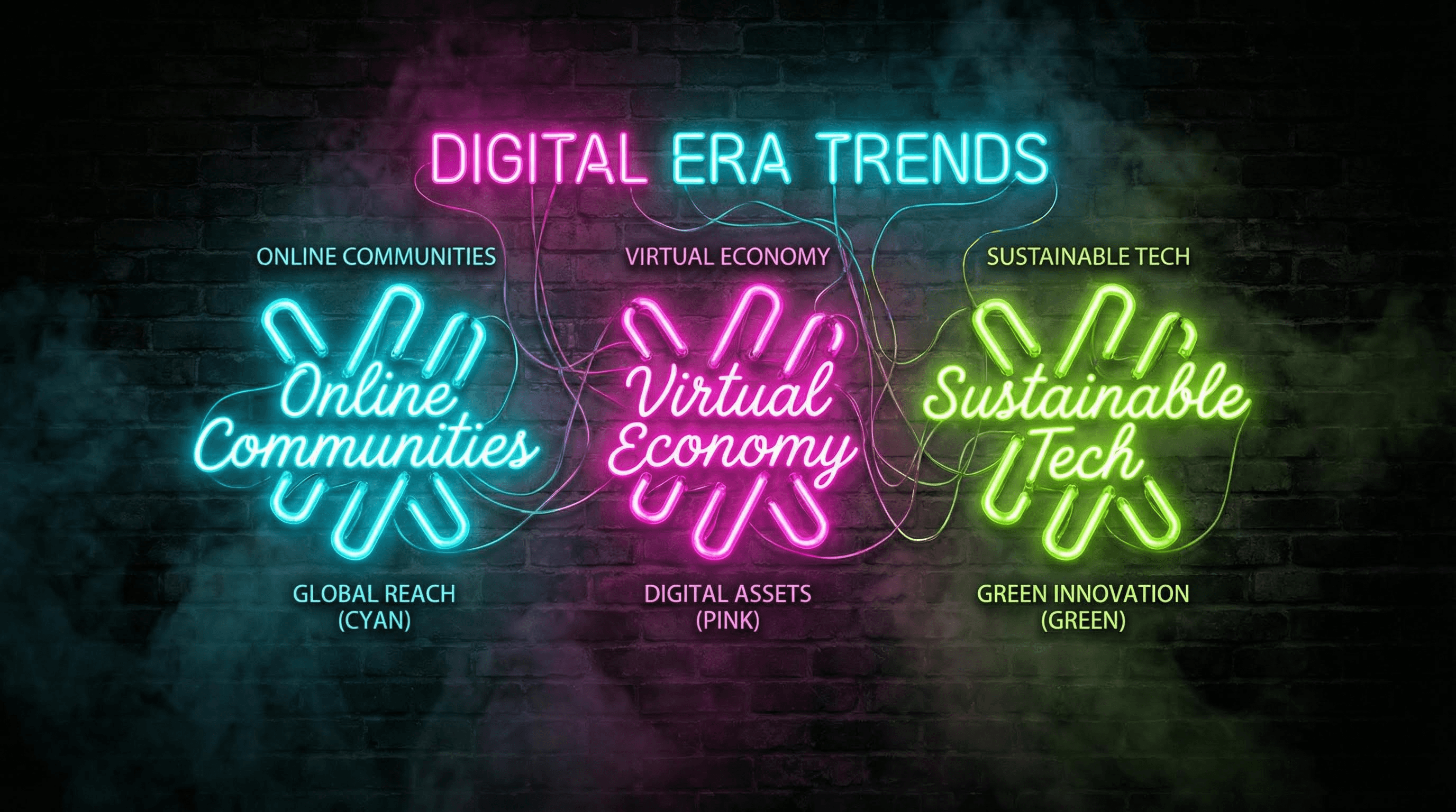 Glowing neon sign infographic with data points represented by bright glass tubes against a dark brick wall texture.
