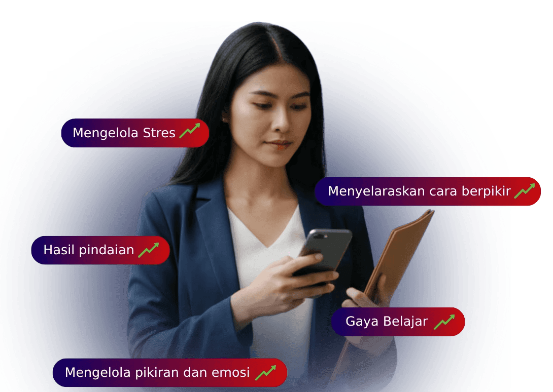 Seorang wanita berjas bisnis memegang ponsel pintar membaca laporan otaQku, menunjukan hasil brain profiling otak yang baik