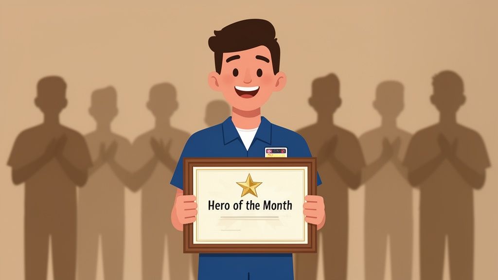 A smiling cartoon man holds a 'Hero of the Month' certificate while shadowed figures applaud him.