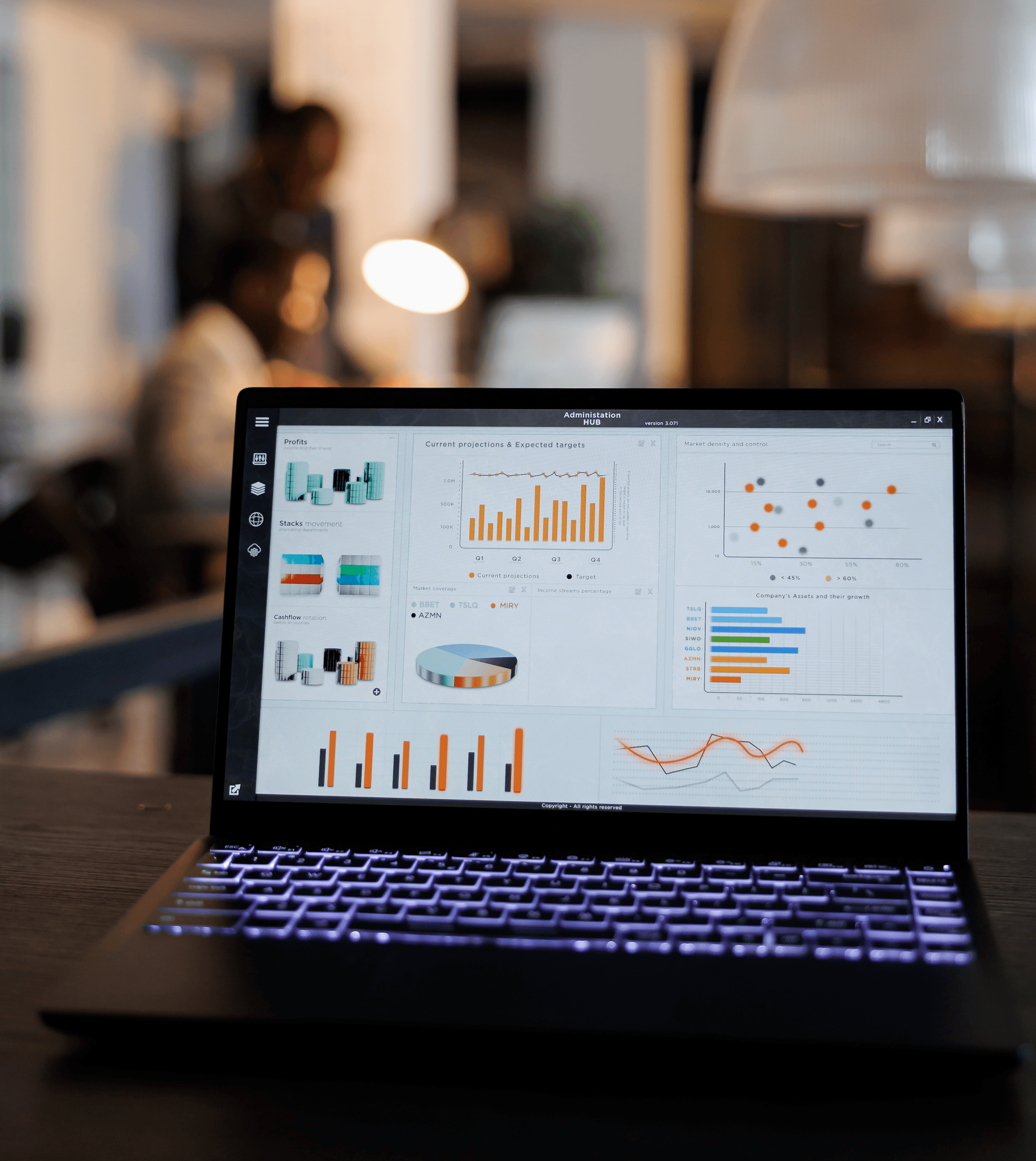 Laptop displaying website analytics and performance charts on a desk in an office.