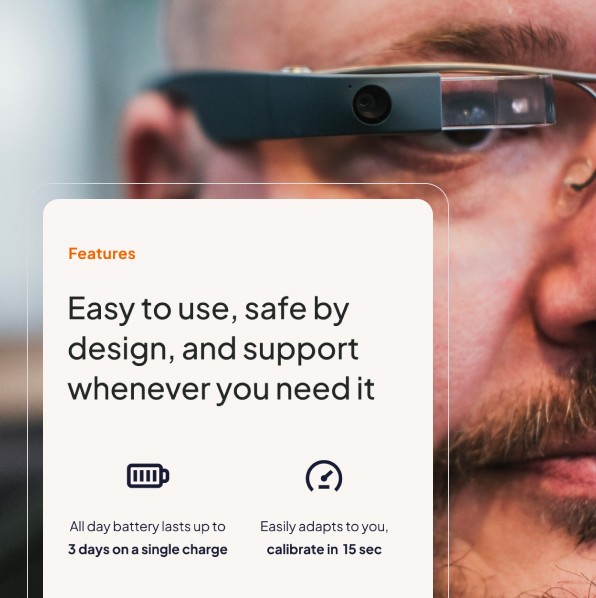  a close-up of a person wearing the munevo smart glasses. There are text overlays on the image that highlight key features of the product: