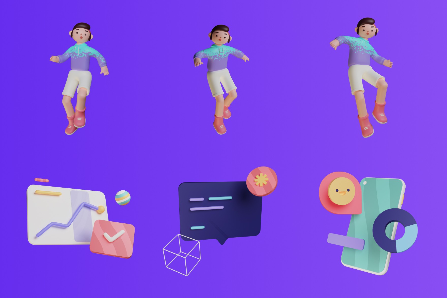 Group of Playful 3D Characters in action, displaying lively and engaging poses, perfect for projects and designs that aim to convey a lighthearted and playful theme with scalable 3D assets.