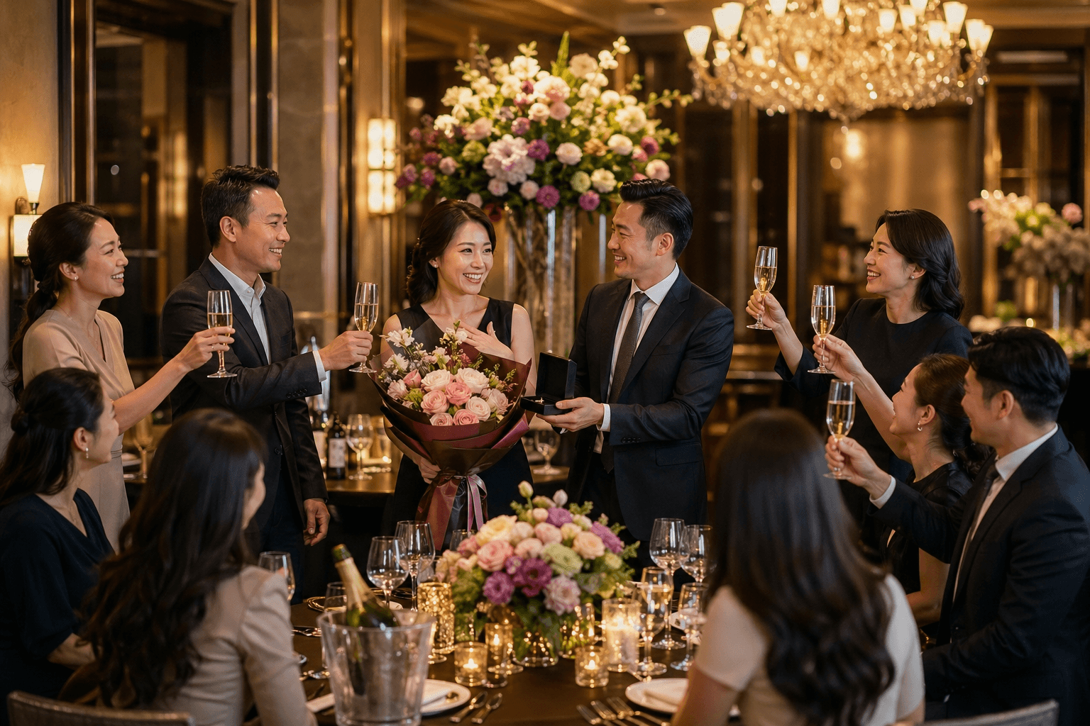 香港高級私人派對統籌，華麗宴會廳內舉杯祝酒慶祝，賓客贈送精美花束及珠寶禮盒的VIP聚會場景。