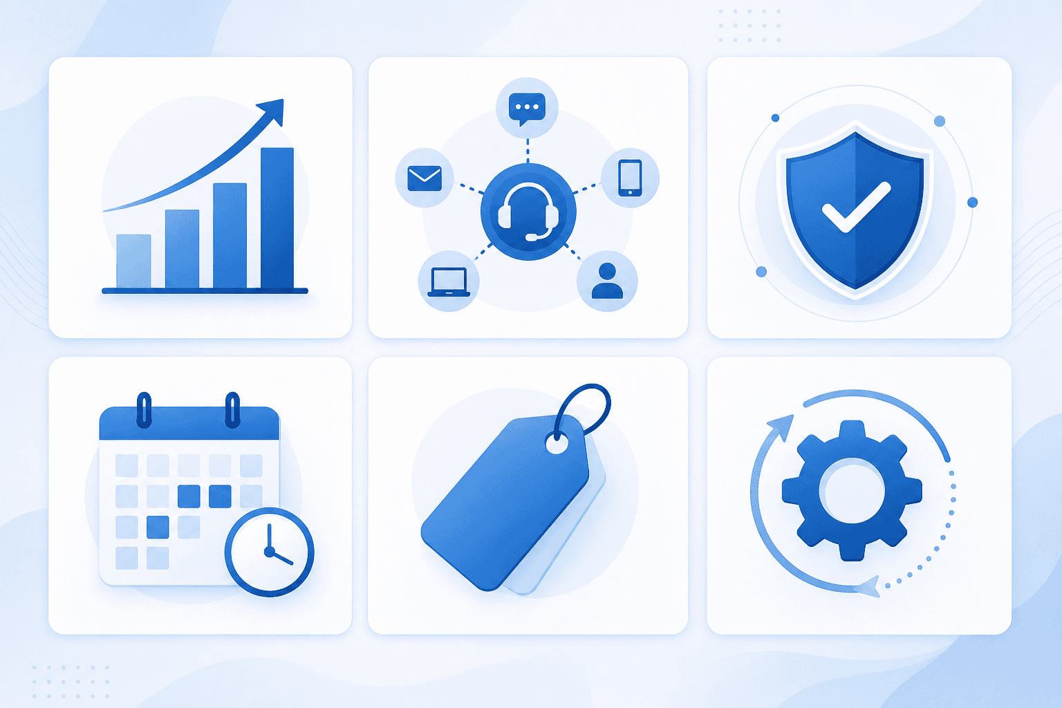 A clean, modern flat illustration showing a structured evaluation framework with six distinct criteria panels arranged in a grid layout. Each panel contains abstract icons representing: a bar chart for resolution rates, interconnected channels for omnichannel coverage, a shield for compliance and security, a calendar timeline for deployment speed, a price tag for pricing transparency, and a self-updating gear for automated knowledge management. Cool blue and white color palette with subtle gradients, enterprise professional aesthetic, no text or labels anywhere in the image.