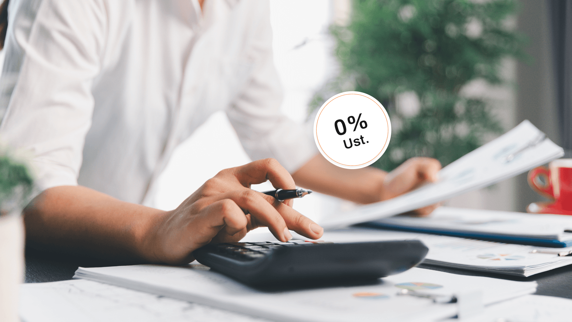 Eine Person benutzt einen Taschenrechner, mit Papieren und einer Pflanze in einem hellen, modernen Arbeitsbereich.