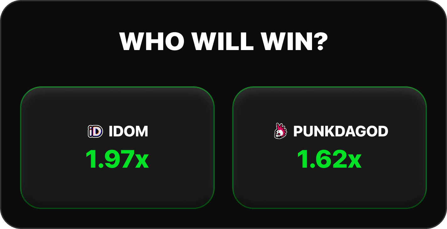 1v1Me Street Fighter 6 pre-game staking screen showing IDOM vs PunkDaGod match winner odds