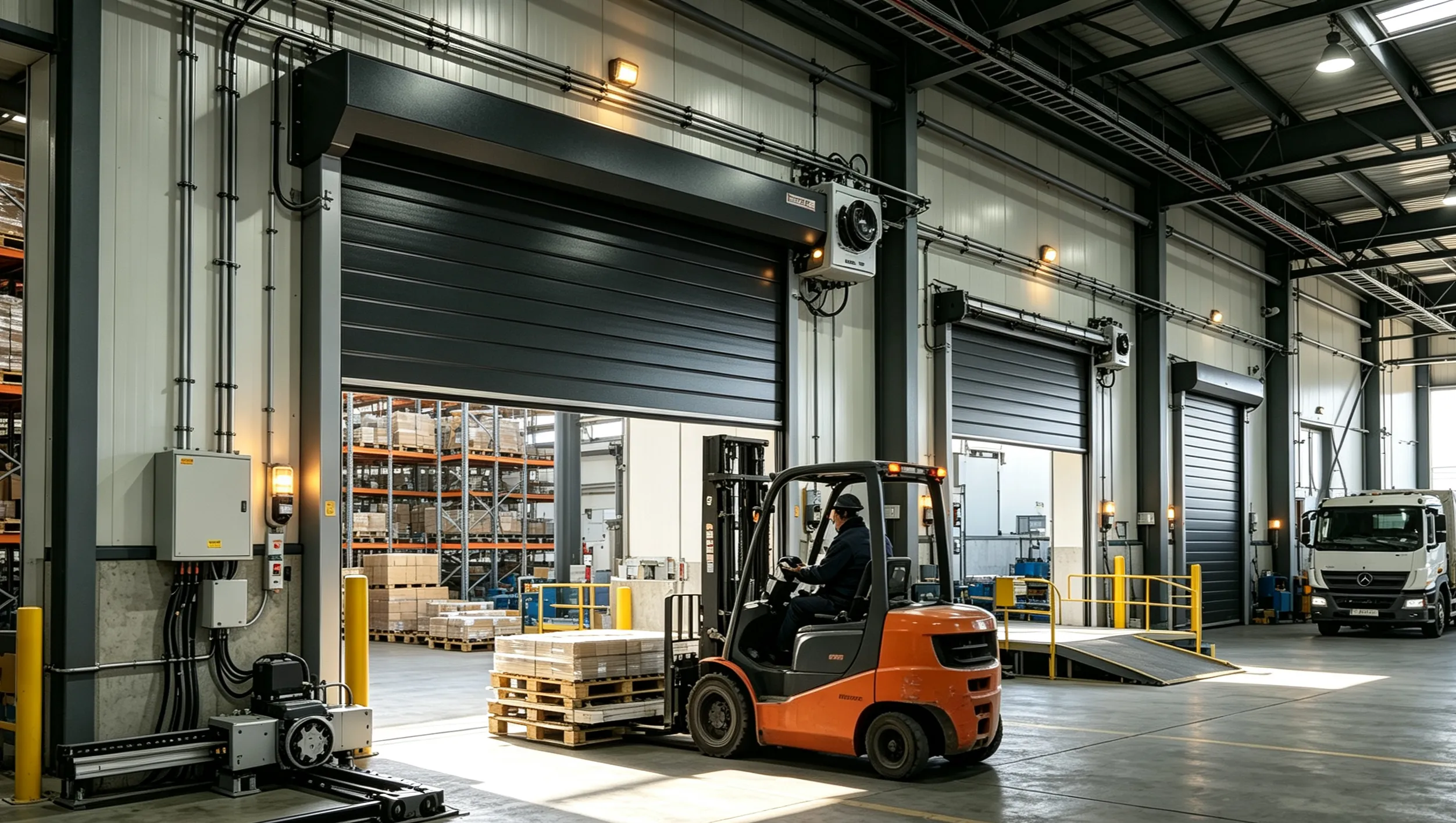 Industrial door automation used in a warehouse and logistics facility