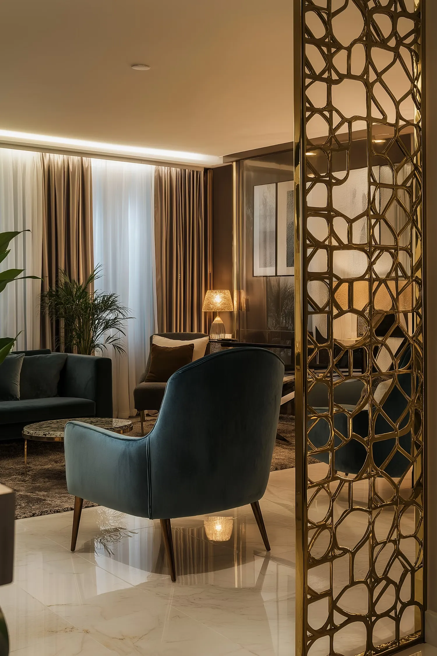 Luxurious Living Room with Teal and Gold Accents