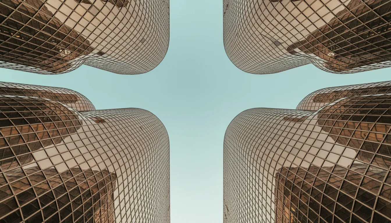 Wide-angle DSLR photograph of modern architecture, taken from a low-angle looking straight up between two massive, curving glass buildings. The symmetrical composition highlights the undulating facades made of bronze-tinted, reflective glass panels in a precise grid. The sky visible between the structures is a clear, smooth gradient of pale cyan to muted teal. Natural daylight, soft ambient lighting, sharp focus on the architectural details.