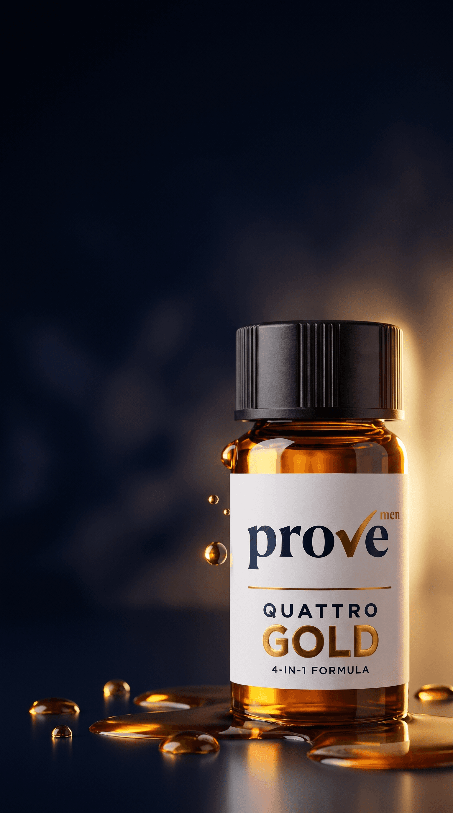 ProveMen Quattro Gold bottle on a dark navy and gold background