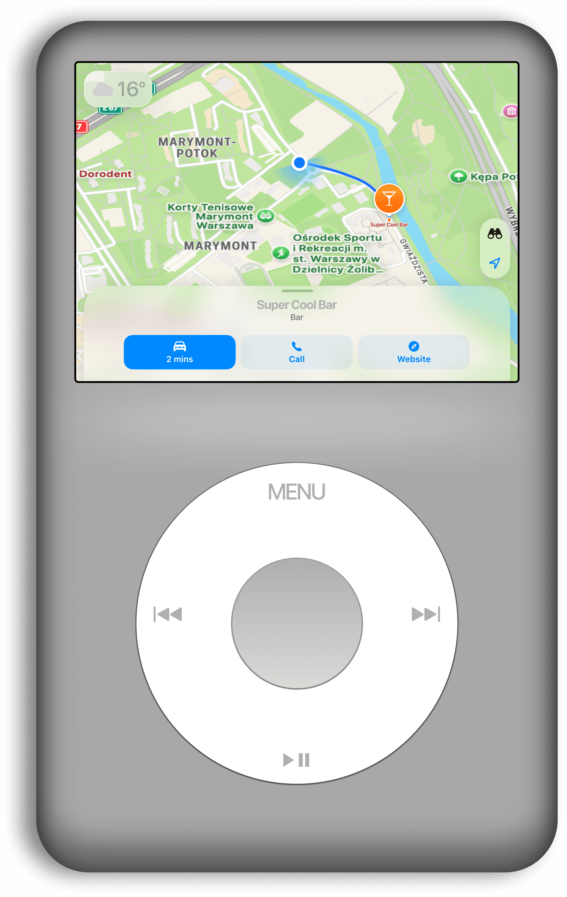 iPod Revive displaying Apple Maps navigation interface
