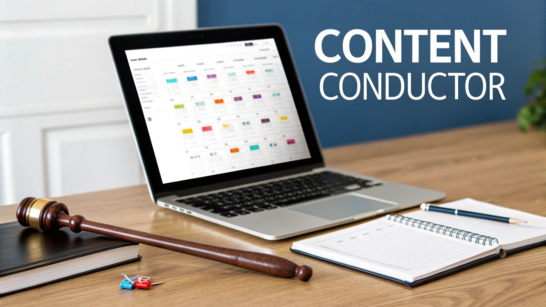 Laptop displaying a content scheduling platform on a desk with a gavel, book, and notebook.