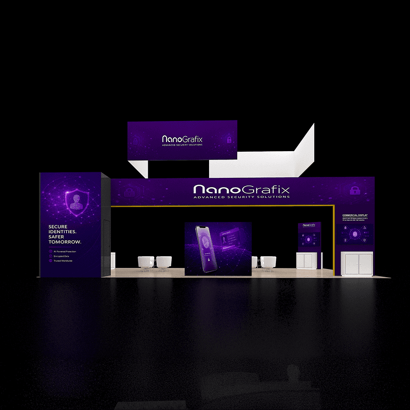 30x40 security booth rental with monitor walls, lead capture, and open visitor flow