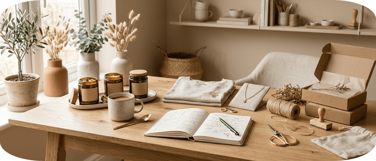 Etsy seller workspace with handmade products, packaging materials, and notes planning product listings and shop optimization.