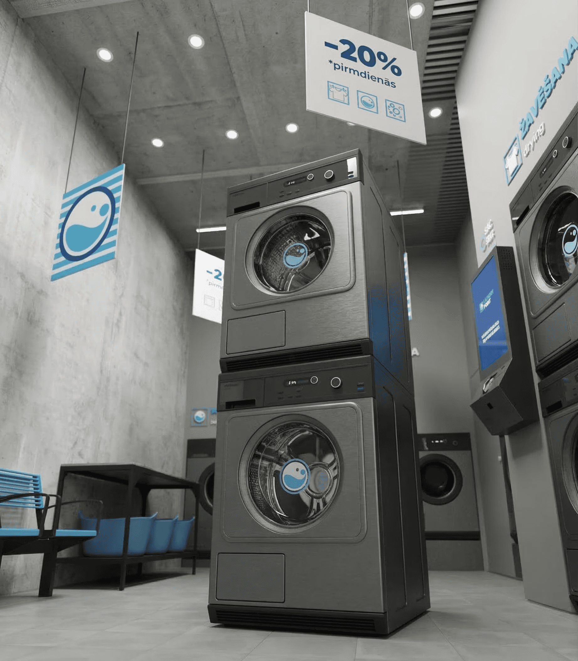 Pašapkalpošanās veļas mazgātava Rīgā ar modernām veļas mašīnām un žāvētājiem Laundry Point interjerā