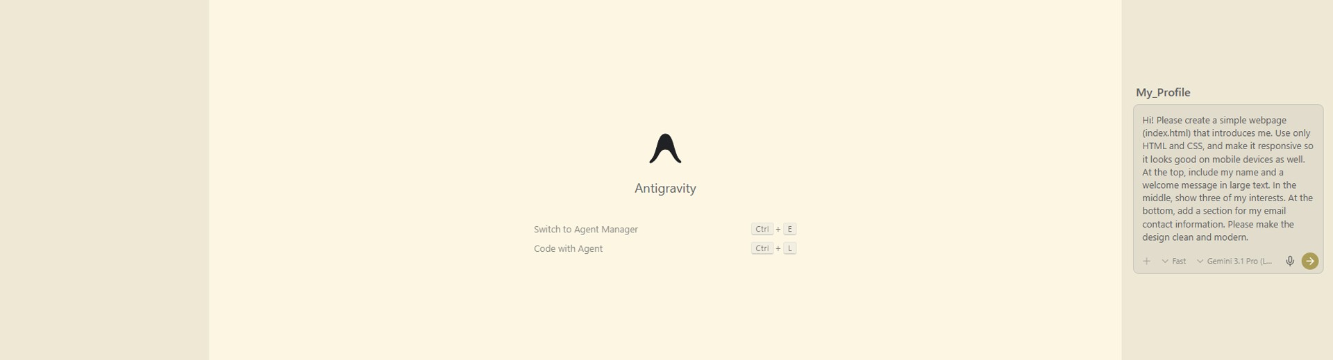 Image caption: The Agent chat window lets you describe the webpage you want instead of manually writing every line of code.