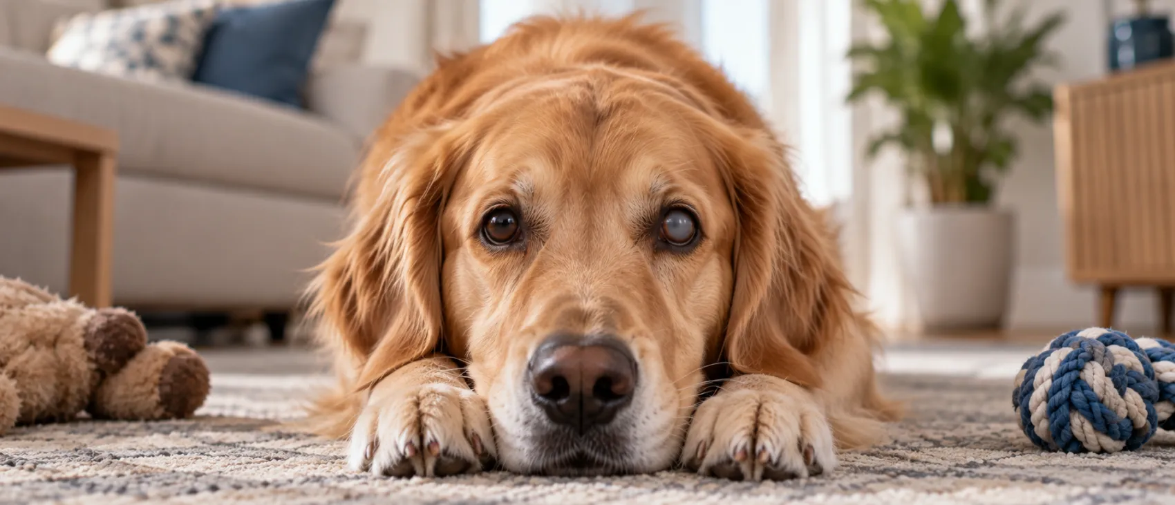 A Golden Retriever lying down with its head resting on its paws, facing the camera.