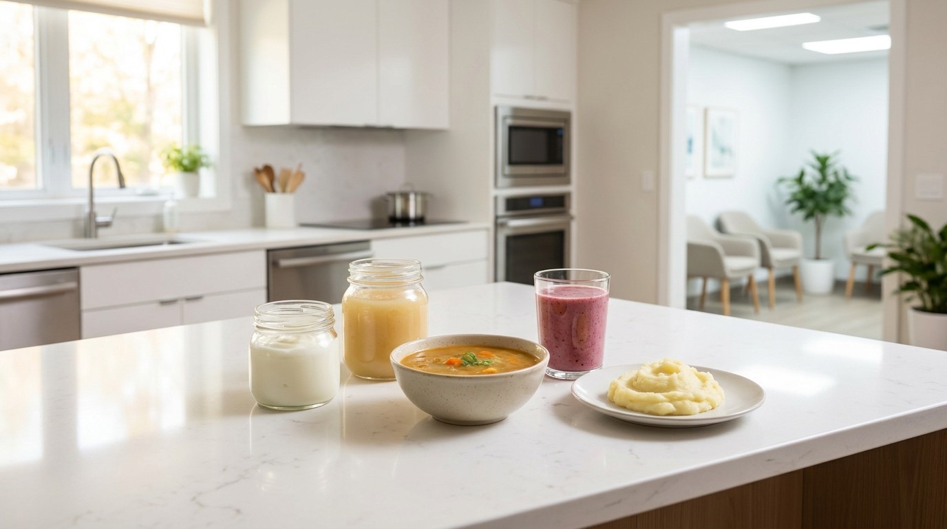 Soft recovery foods like yogurt, smoothies, and soup arranged on a clean kitchen counter for after implant surgery.