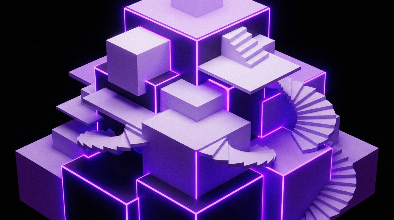 Abstract 3D composition showing layered geometric elements, purple-tinted accent lighting on dark background, depicting structural hierarchy