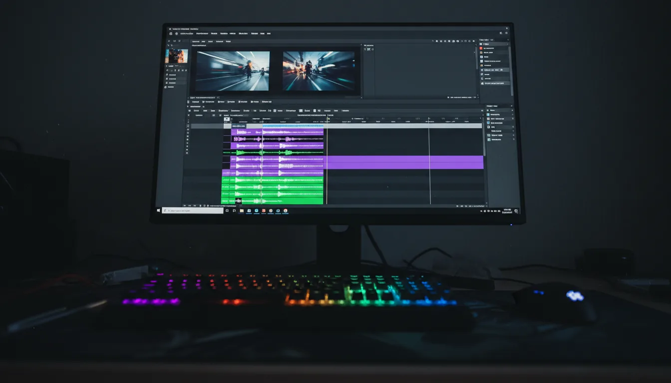 DSLR photography, cinematic low-angle shot of a computer monitor displaying the Adobe Premiere Pro video editing software interface. The software is in a modern dark mode, with a complex video timeline featuring vibrant purple and green clips and waveforms. The scene is in a dark room with dramatic, cinematic contrast. The monitor is in sharp focus, while in the extreme foreground, an out-of-focus RGB keyboard and mouse create a strong bokeh effect with abstract blurs of cyan, orange, and purple light. Shallow depth of field.