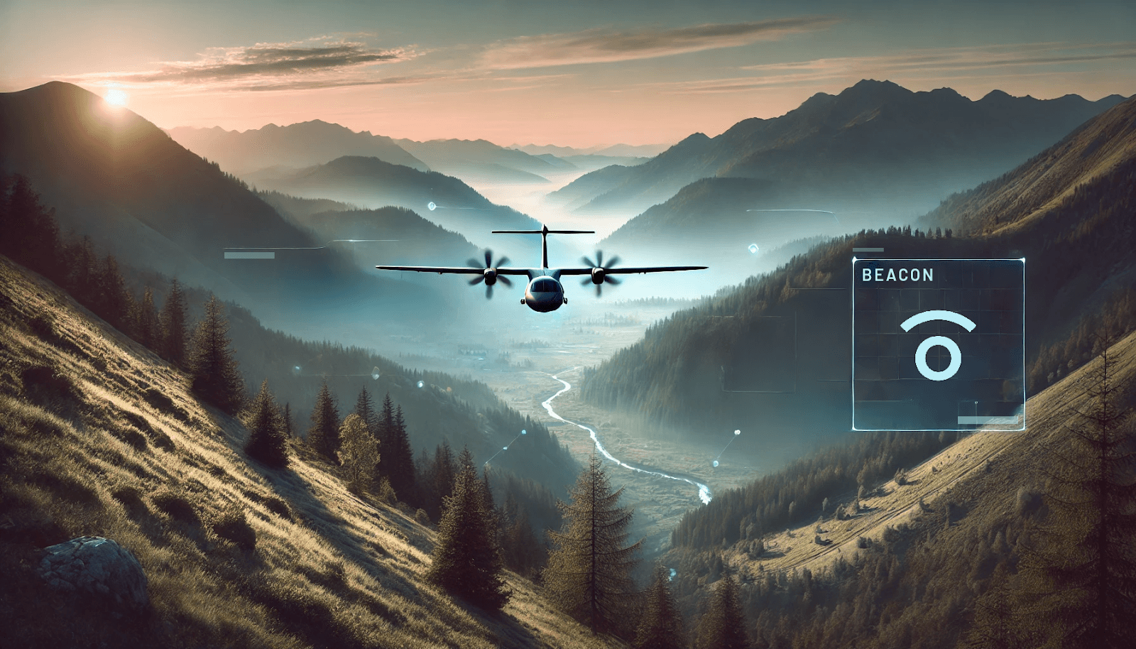 Illustration of a twin-turboprop aircraft flying through a mountain valley at sunrise beside a Beacon interface panel