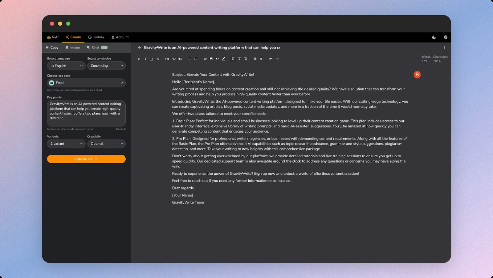 A screenshot of Rytr's user interface for crafting an email, highlighting the convincing tone and email use case options.