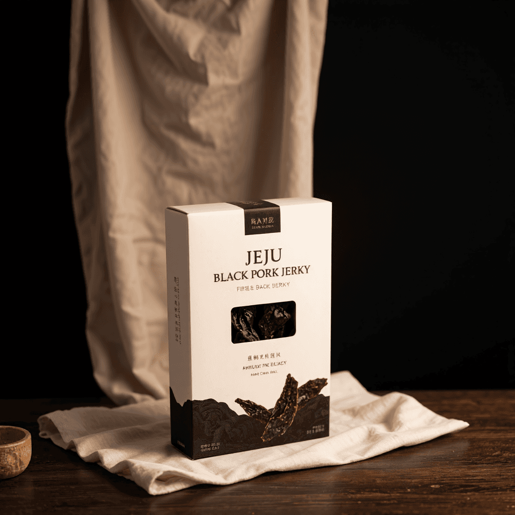 product photography of a box of Jeju black pork jerky