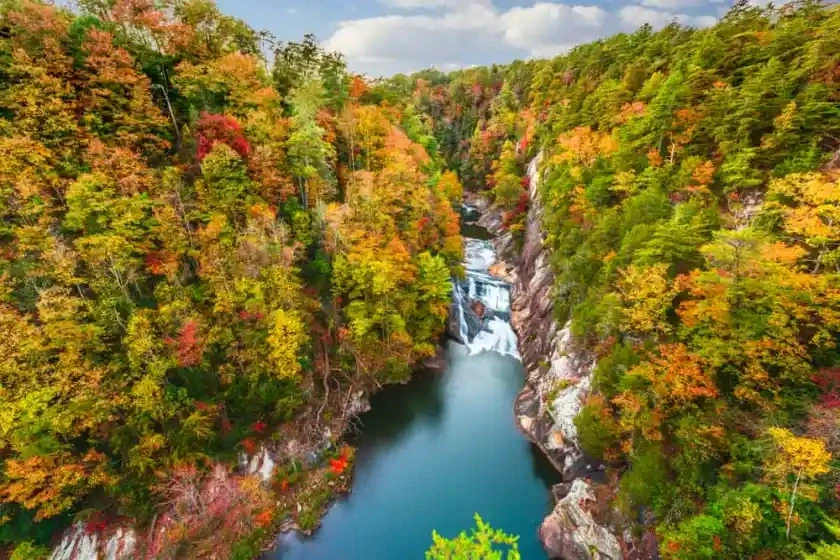 Waterfall flowing through autumn gorge
