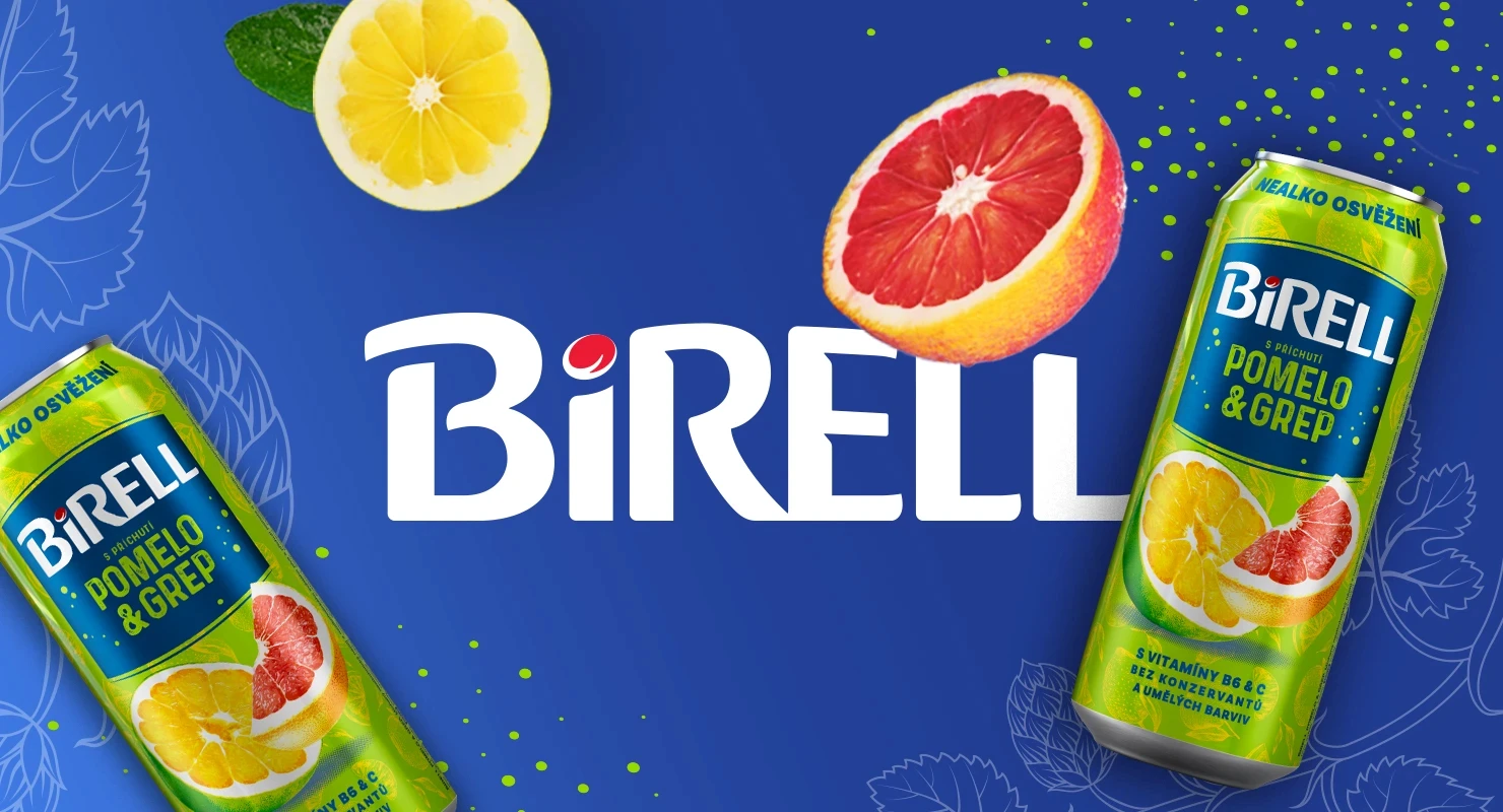 Blue background with large BIRELL logo, various cans and citrus fruit