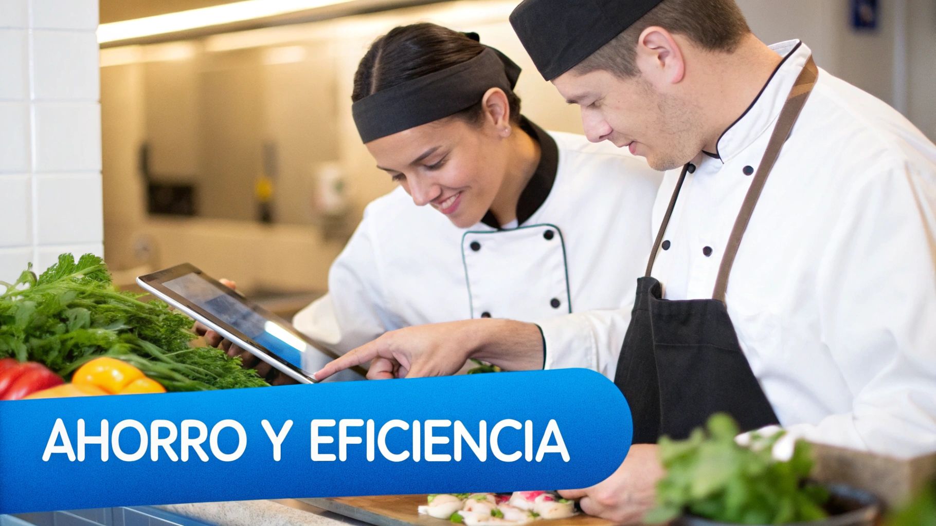 Dos chefs consultan una tablet en la cocina, con verduras frescas, promoviendo ahorro y eficiencia.