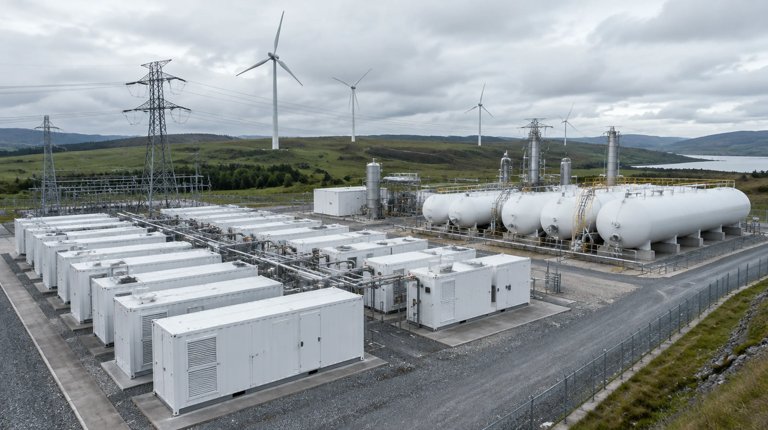 Green hydrogen production site with rows of electrolyzer containers, hydrogen storage tanks and power lines, with wind turbines on the hills behind
