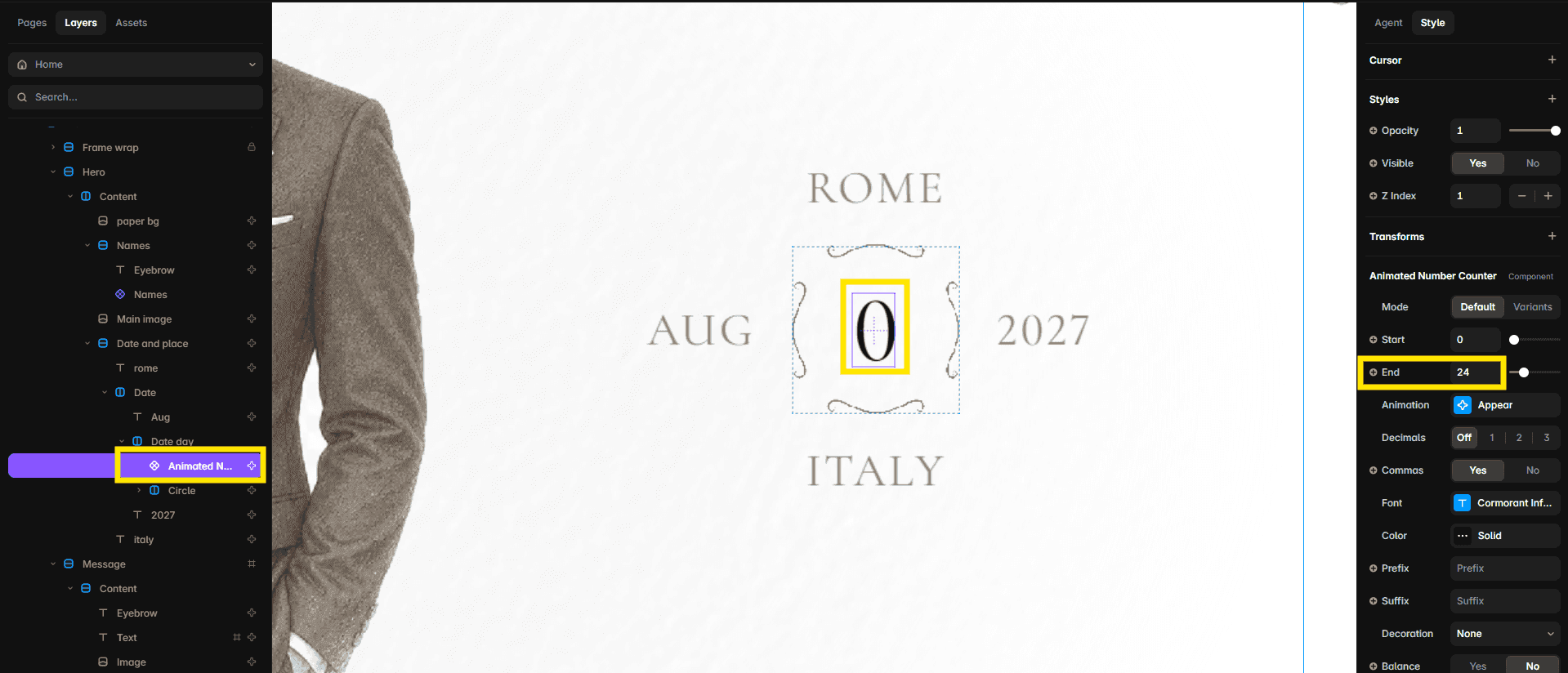 Changing the date and location in the Amorette Hero section