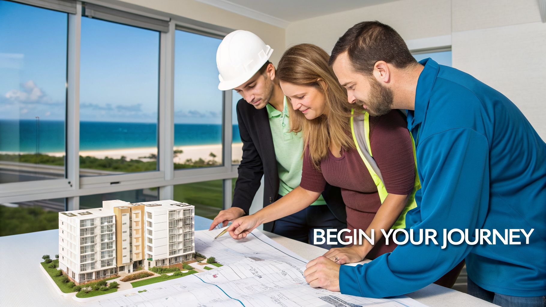 Architects and construction workers review building plans and a model with an ocean view in the background.