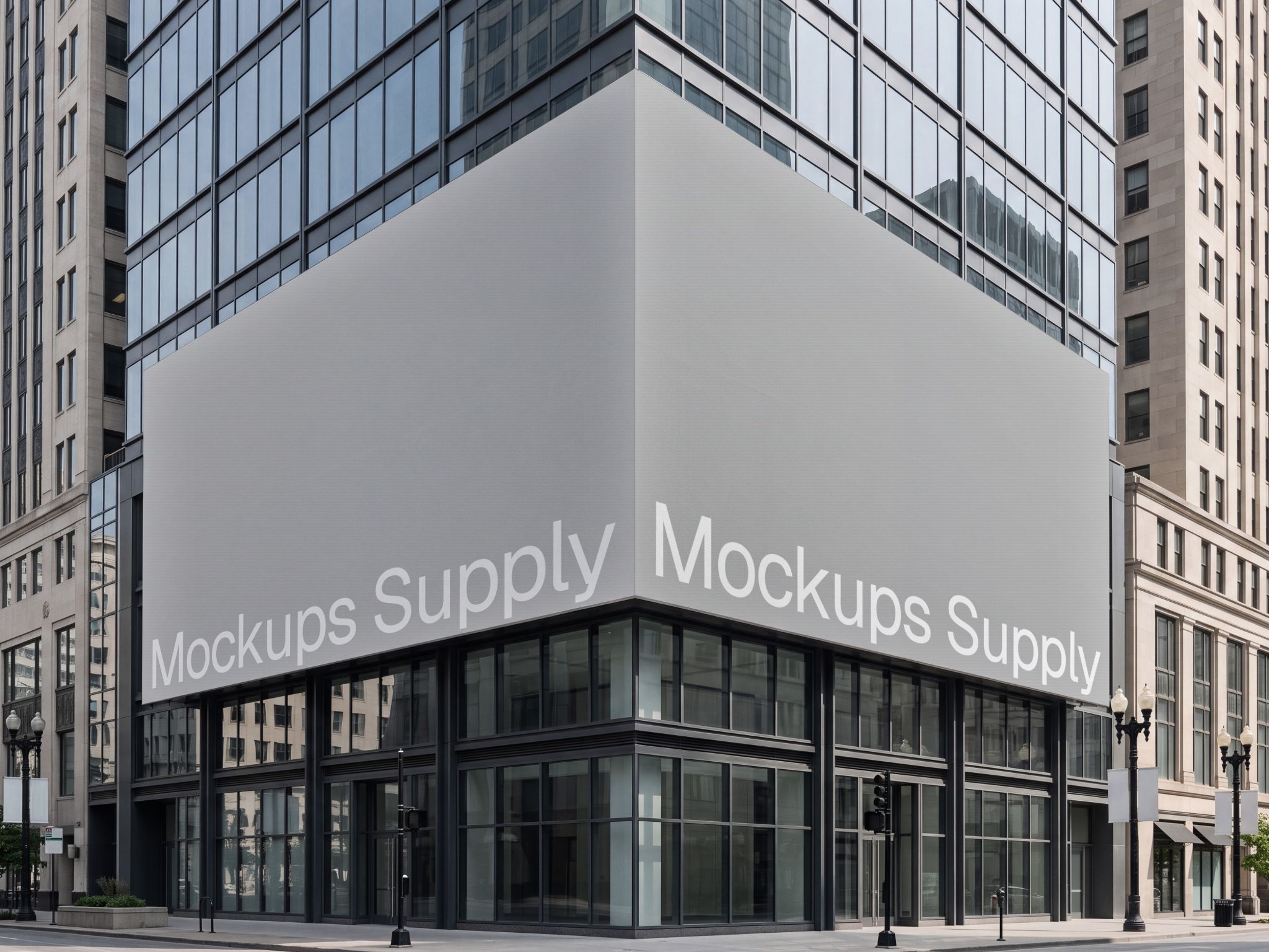 Corner digital billboard mockup displaying editable digital advertising artwork on a modern building